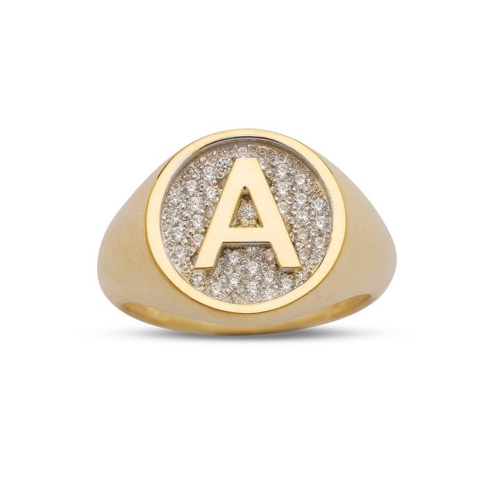 Initial Round Signet Gold Ring with Diamonds/CZ Stones