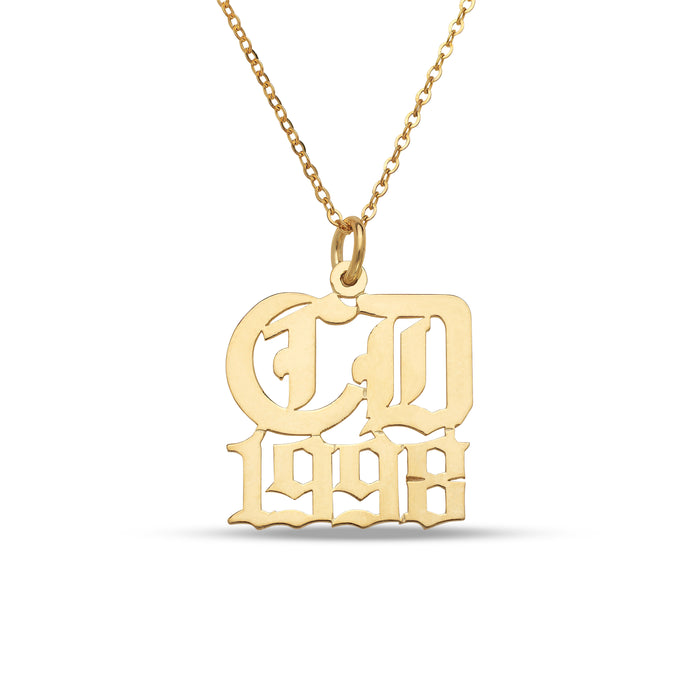 Gothic Initials with Date Gold Nameplate Necklace