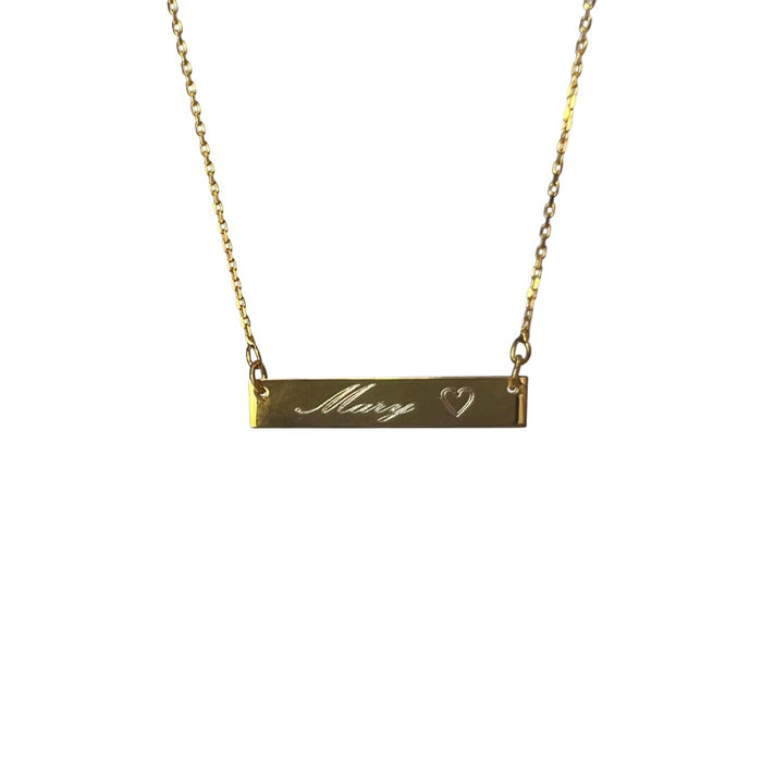 14K Yellow Gold Name Bar Necklace with Heart. Kays jewelery, jewelery store, jewelery store near me, jewelery near me, jareds jewelery, jareds jewelery, jewelery sale, nameplate necklace, bar pendant with name, bar pendant with name, name necklace, gold chains for men, gold chains, mens necklaces, nameplate necklace, jewelery store in Brooklyn.
