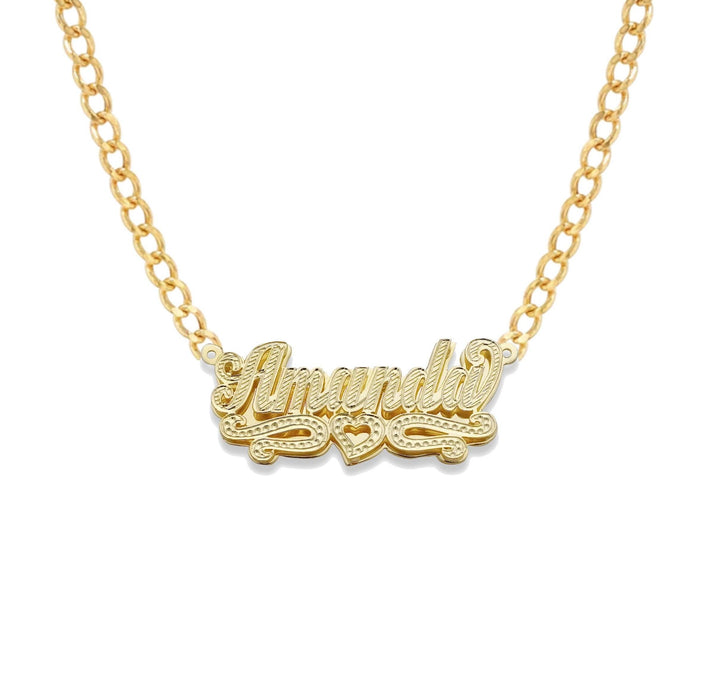 Script with Heart Design Gold Double Nameplate Necklace
