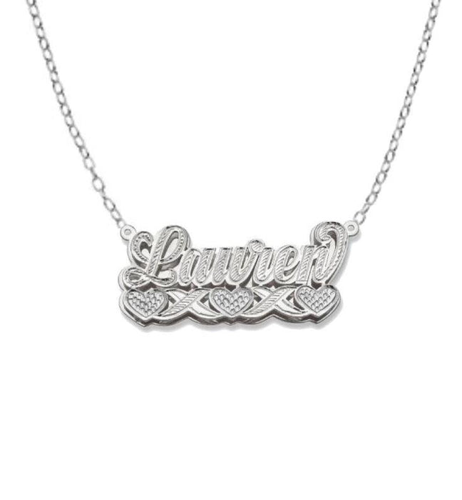 Script Three Hearts Design. 925 Sterling Silver Double Nameplate Necklace