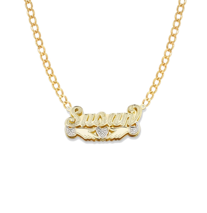 Script Heart with Hands Design Gold Double Nameplate Necklace - Bargain Bazaar Jewelry
