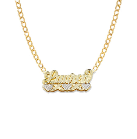 Script Three Hearts Design Gold Double Nameplate Necklace - Bargain Bazaar Jewelry