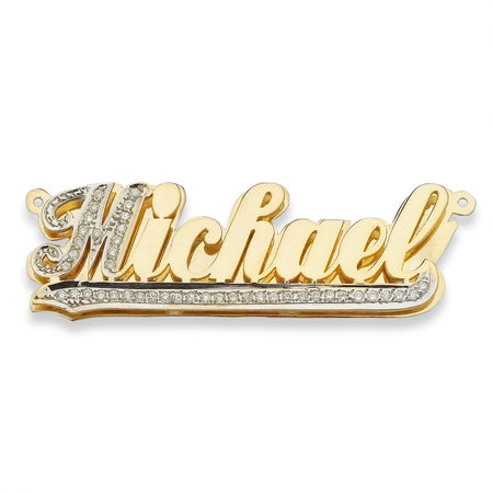 Script Gold Double Nameplate Necklace with Diamonds/CZ Stone
