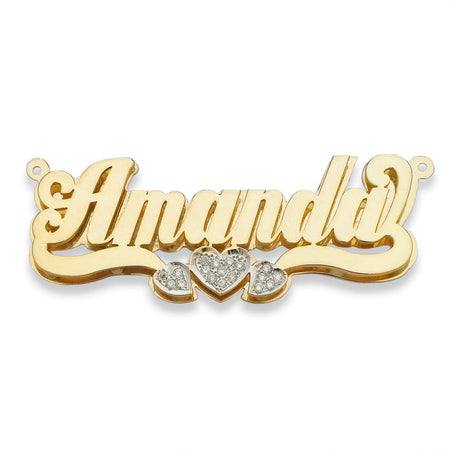 Script Hearts Gold Double Nameplate Necklace with Diamonds/CZ Stone