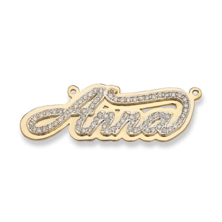 Script Gold Double Nameplate Necklace with Diamonds/CZ Stone